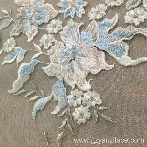 Sky Blue handmade Embroidery Flower Design Fabric